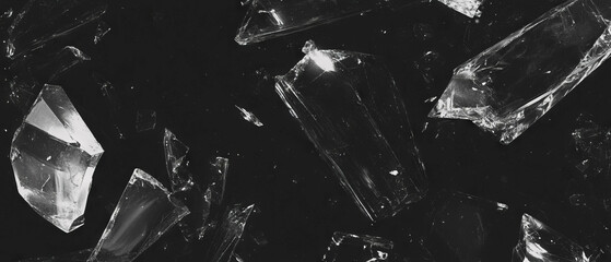 Poster - Splintered glass shards scattered on a black surface creating an abstract texture