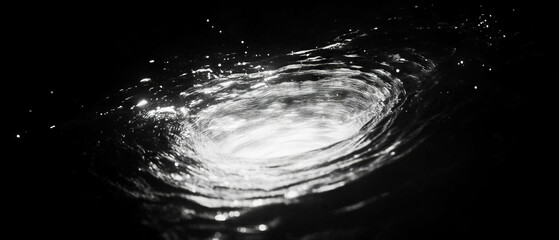 Poster - Swirling film grain effect creates dynamic vortex with clear space for logo on black background