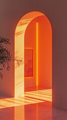Poster - Warm sunlight beams through a softly curved arch, casting delicate shadows across a minimalist interior. A sense of tranquility envelops the space as colors dance with the light