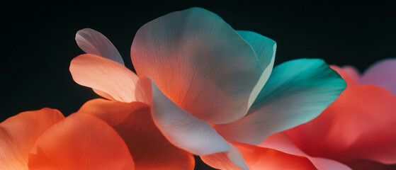Poster - Vibrant overlay texture of colorful petals against a dark background for creative designs