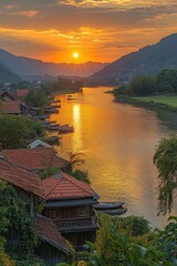 Wall Mural - Golden sunset over river, houses, boats.