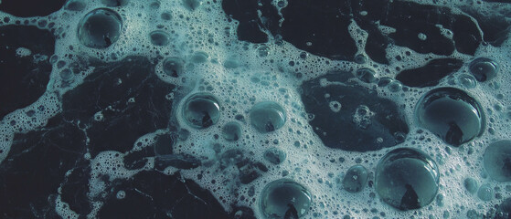 Poster - Frozen water bubbles trapped in ice with a solid appearance against a black background