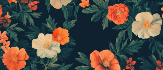 Poster - Delicate watercolor floral patterns overlay with an empty center on a black background