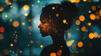 Poster - Enigmatic Silhouette of a Woman with Glowing Particles that Create a Mystical Atmosphere in a Soft Blue Background