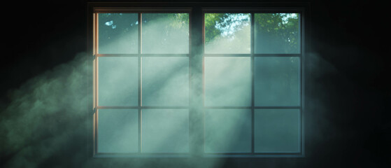 Aufkleber - Soft light streams through a window, creating a tranquil atmosphere in the dark room