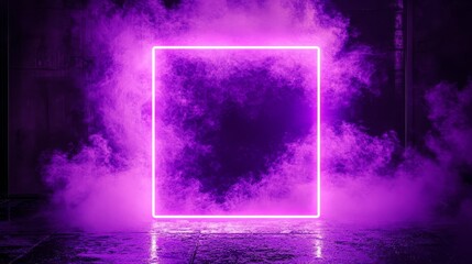 a vibrant purple neon square frame illuminated against a dark background.