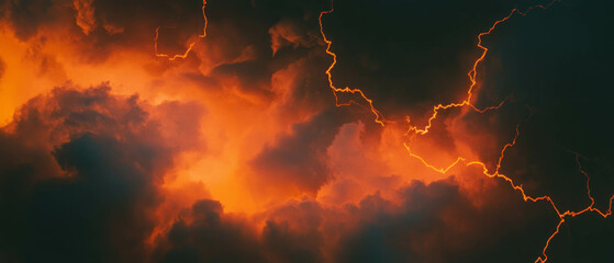 Poster - Fiery sky with yellow smoke and red lightning creating a dramatic atmosphere at night