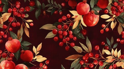 Fototapete - A rich design featuring clusters of pomegranate seeds creating a dramatic pattern on dark crimson