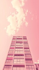 Poster - A striking low-angle perspective captures a sleek, modern building rising tall against a dreamy pink sky. The minimalist design enhances the elegance of the scene, creating a surreal atmosphere