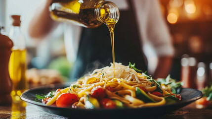 Wall Mural - Pouring Olive Oil Over Fresh Pasta Dish