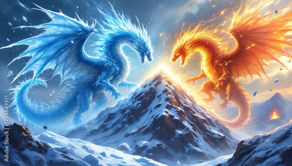 Epic Ice and Fire Dragons Battle Mountain Peak Fantasy Art Stock ...