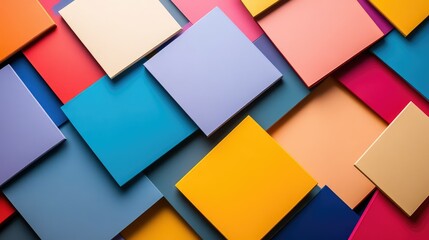 Poster - Colorful geometric arrangement of various square shapes creating a vibrant and dynamic pattern on a modern background suitable for artistic and design projects.
