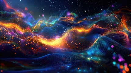 Fototapete - A vivid digital scene featuring colorful waves, grid patterns, and glowing particles in dynamic motion