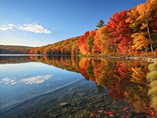 Wall Mural - Panoramic Autumn Lake Reflection: Serene Fall Colors Mirrored in Still Water