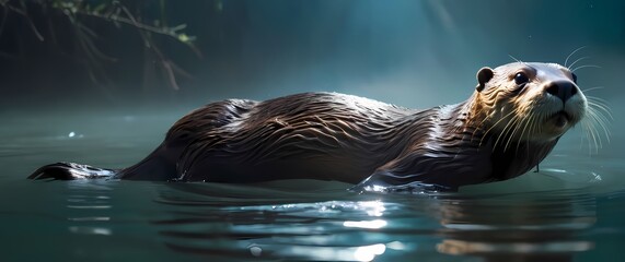 Wall Mural - A captivating close up shot of a river otter playfully floating on its back showcasing wildlife in its natural habitat