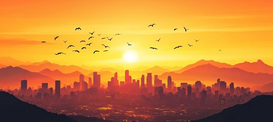 Wall Mural - Background of the city skyline at sunset, with orange and yellow hues, silhouettes against mountains, bird flocks flying in the sky