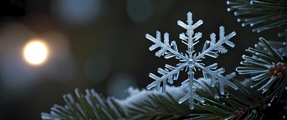 Wall Mural - A captivating close up of a snowflake resting on a pine needle showcasing natures exquisite patterns