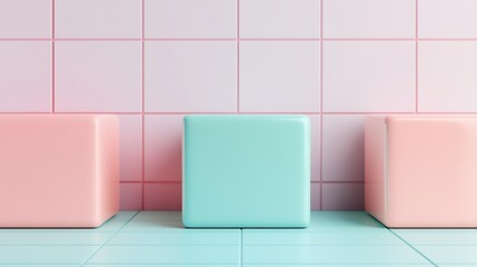 Wall Mural - Colorful pastel geometric cubes on tiled background creating a modern minimalist aesthetic in soft light