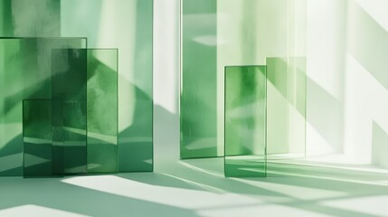Poster - Abstract composition of translucent green glass panels casting shadows in soft light creating a serene and calming atmosphere across the surface.