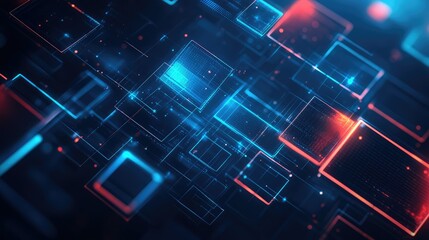 Poster - Abstract digital background with glowing blue and red geometric shapes, bright particles, and a futuristic technology ambiance for modern design applications and creative projects