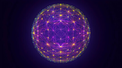 Wall Mural - abstract 3d sphere with interconnected nodes glowing in vibrant colors on a dark background