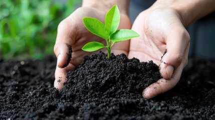 Wall Mural - Hands holding sapling, rich soil, green background, environmental conservation