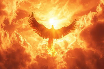 Wall Mural - Golden-winged phoenix emerging from bright flames, radiating energy and renewal.