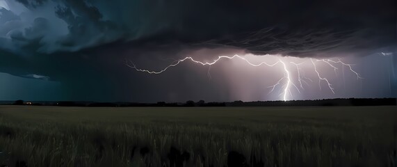 Wall Mural - a breathtaking capture of a dramatic thunderstorm over a field with lightning striking down amidst d