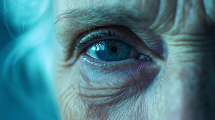 Poster - A striking close-up reveals the intricate details of a woman's eye, showcasing her soulful blue iris surrounded by delicate wrinkles. The calm blue background enhances the moment's tranquility