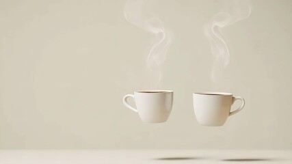 Poster - Two white cups filled with steaming coffee levitate above a surface, creating a surreal and inviting atmosphere against a minimalist background