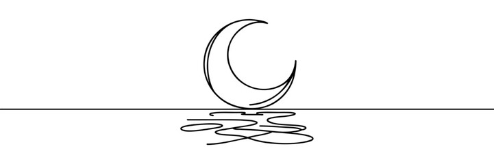 Wall Mural - Moon and sea linear background. Hand drawn crescent. Vector illustration.