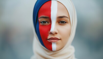 Football fan decor concept. Young woman with painted face, wearing a hijab, embodies cultural expression and national pride.