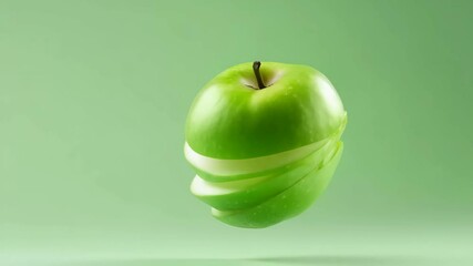 Aufkleber - Sliced green apple with stem levitating on matching monochromatic green background, creating a visually appealing and minimalist composition