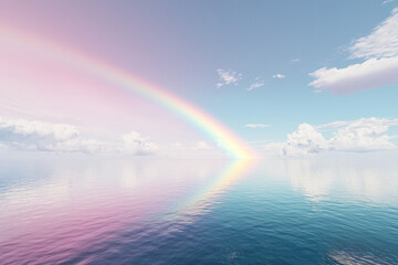 Wall Mural - A pastel-colored sky with a rainbow arching over a calm ocean.