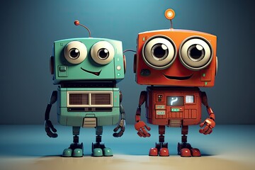 Poster - cute little retro robot couple friends illustration