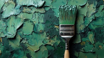 Wide wall brush applying green paint to a textured concrete surface