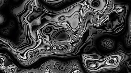 Poster - Animation of vibrant coloured grey liquid flowing in hypnotic motion on black background. Loop monochrome marbling background