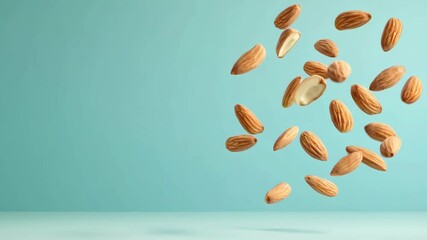 Aufkleber - Whole and halved almonds levitating against a vibrant pastel blue backdrop highlight their natural goodness as a healthy snack or ingredient