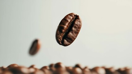 Poster - Levitating and falling roasted coffee beans cascade onto a mound of other roasted beans, creating a dynamic scene against a softly blurred white background