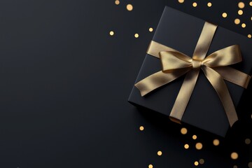 Wall Mural - black gift box with golden ribbon and confetti on dark background, creating a luxurious and festive 