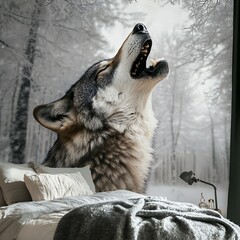 Fototapete - Howling wolf standing misty mountain winter landscape surrounded glowing sunrise in serene dramatic golden light
