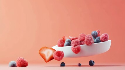 Aufkleber - Fresh strawberries, raspberries, and blueberries are levitating and falling into a white bowl on a coral background, creating a vibrant and dynamic scene that embodies healthy eating and freshness