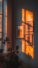 Poster - Sunlight streams through a window, creating a warm glow as shadows play on the wall. Framed art and a lush plant add charm to this serene space during the evening