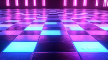Poster - Neon Light Dance Floor with Colorful Tiles and Reflections