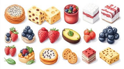 Canvas Print - A vibrant assortment of delicious desserts and fruits arranged artfully on a white background