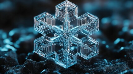 Poster - Intricate Ice Crystal Snowflake on Dark Background with Reflections