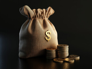 bag of money with gold coins on a dark background