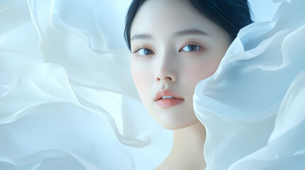 Aufkleber - 美肌の若くて綺麗なアジア人女性モデルの美容・ファッションポートレート。白い布が舞う撮影背景。	
