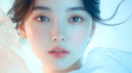 Aufkleber - 美肌の若くて綺麗なアジア人女性モデルの美容・ファッションポートレート。白い布が舞う撮影背景。	