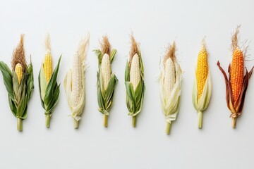 Poster - Varieties of corn arranged in a row showcasing different kernels and husks in natural colors during daylight
